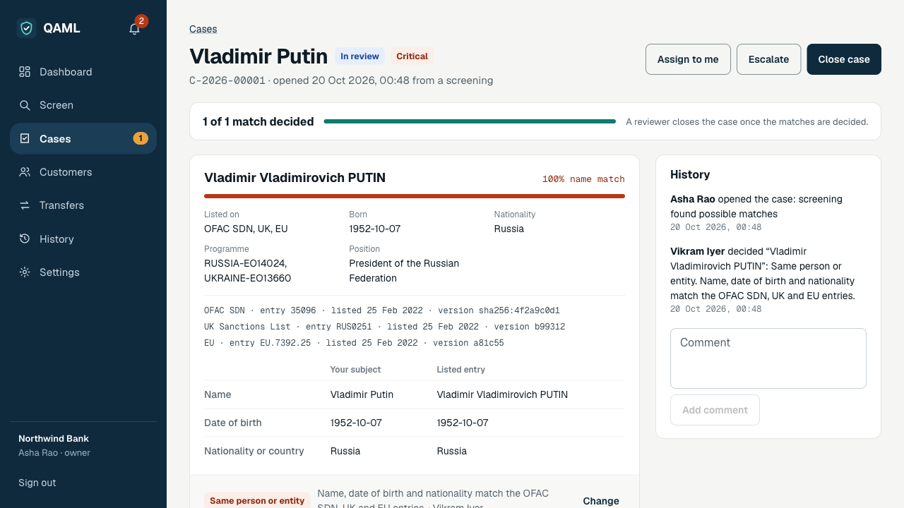 A QAML case: the screened subject beside the sanctions entry it matched, field by field, with the reviewer's decision and the case history
